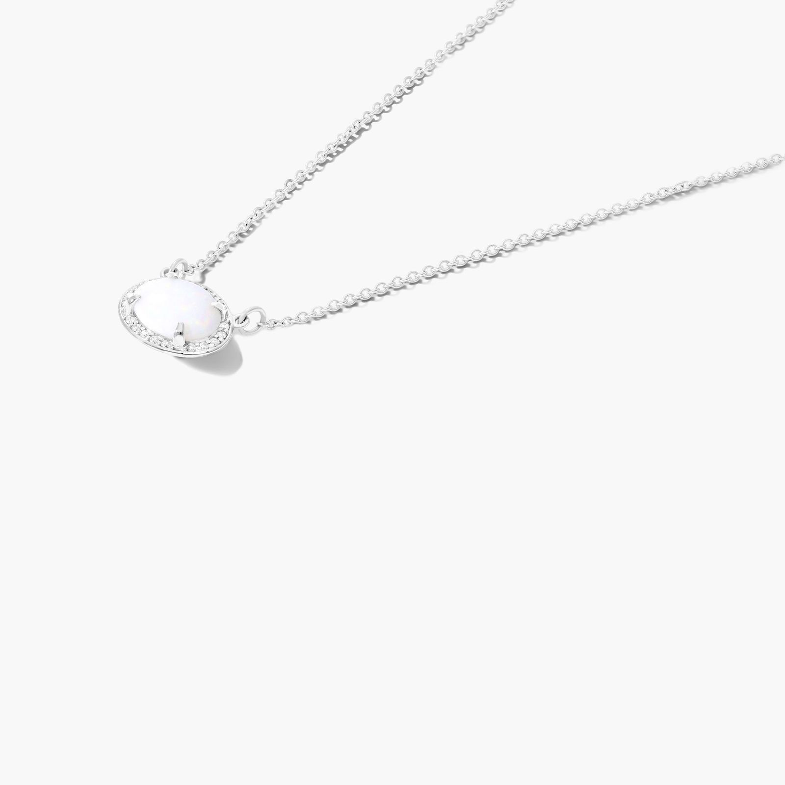 14K White Gold East West Oval White Opal and Diamond Halo Necklace