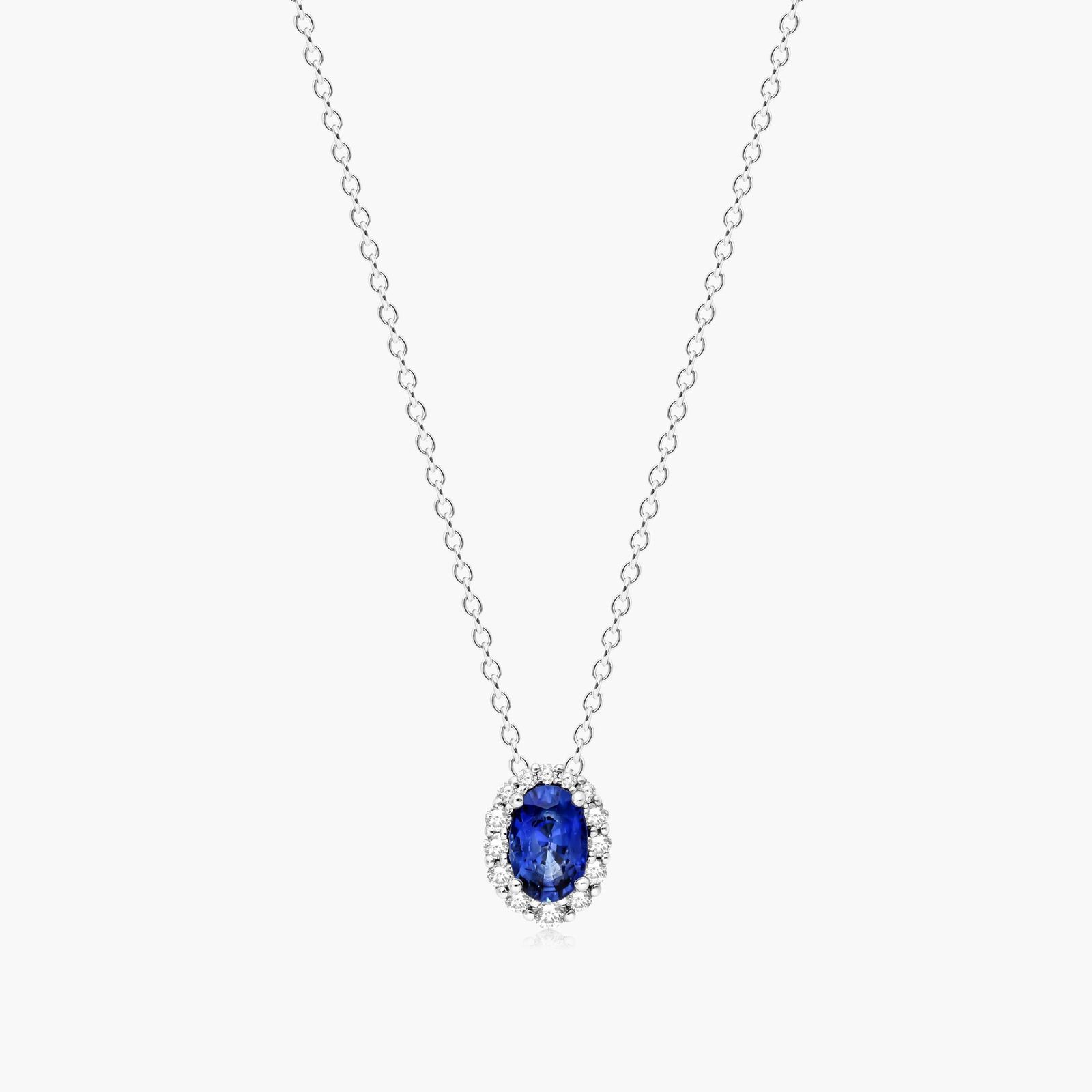 14K White Gold Blue Sapphire and Diamond Halo Necklace-37007w14