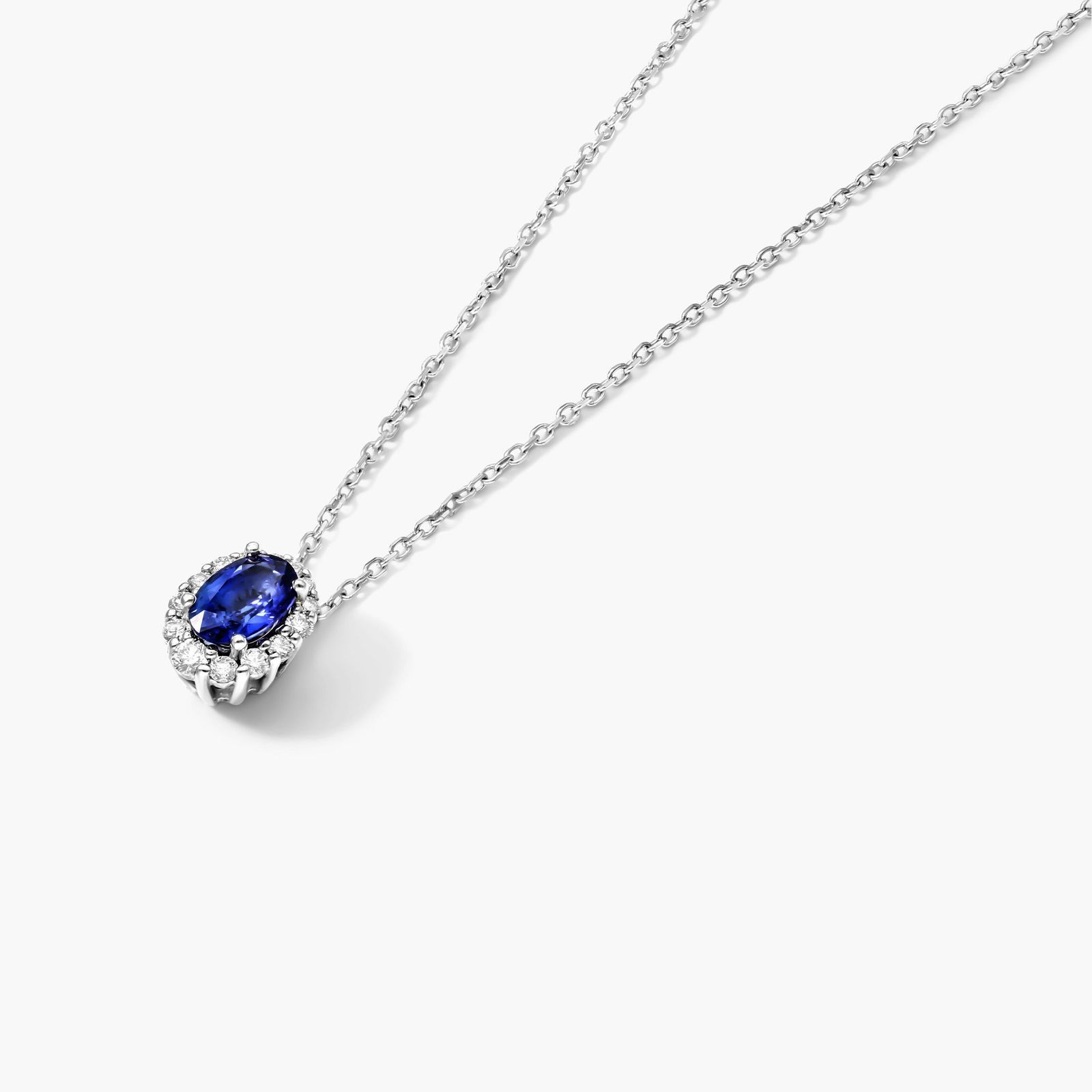14K White Gold Blue Sapphire and Diamond Halo Necklace
