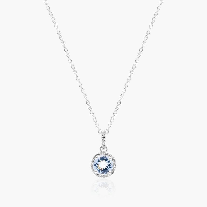 14K White Gold Aquamarine and Diamond Halo Necklace