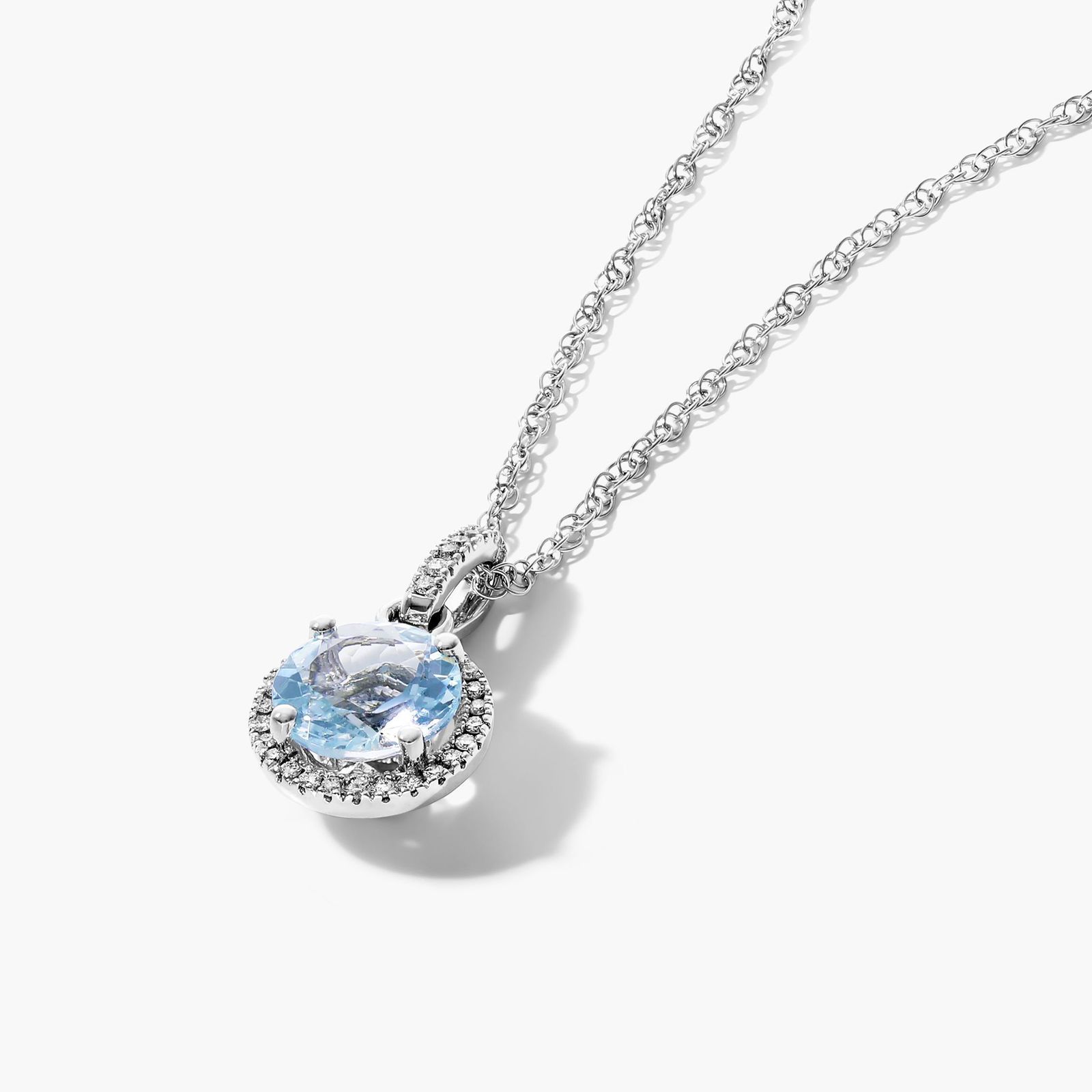 14K White Gold Aquamarine and Diamond Halo Necklace