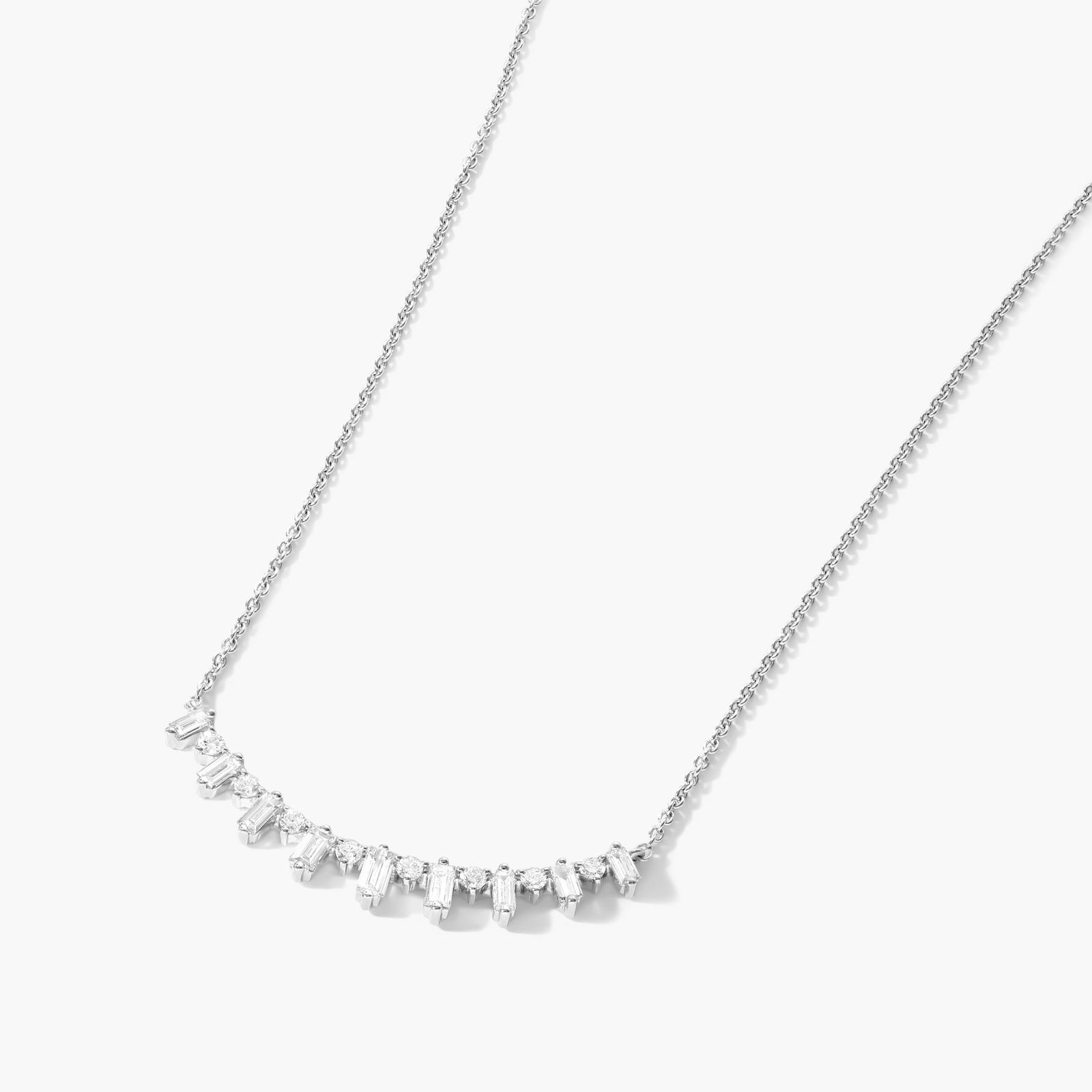 Curving Diamond Bar Necklace With Alternating Round And Baguette Cut Diamonds In 14K White Gold