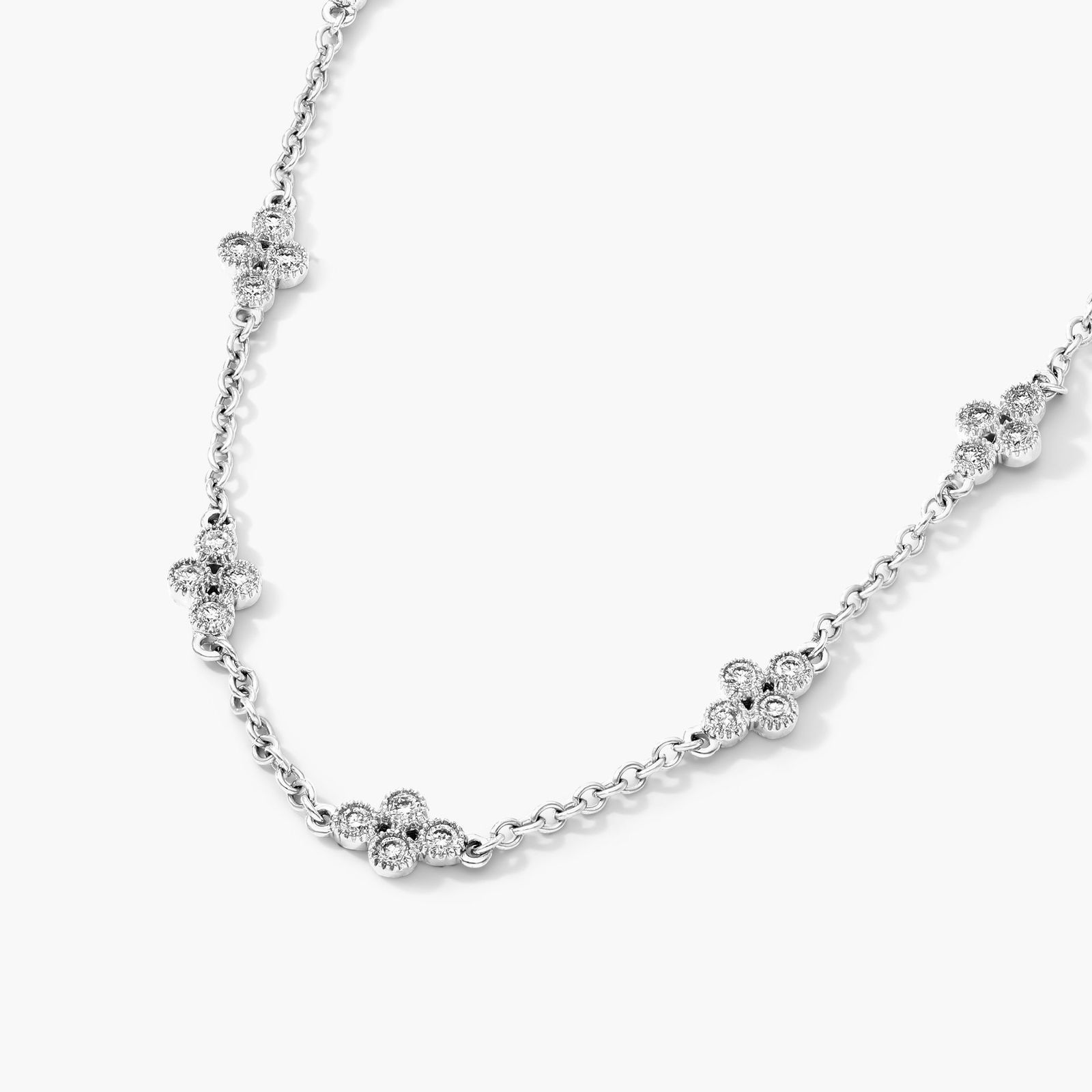Clover Milgrain Bezel Diamond Station Necklace In 14K White Gold