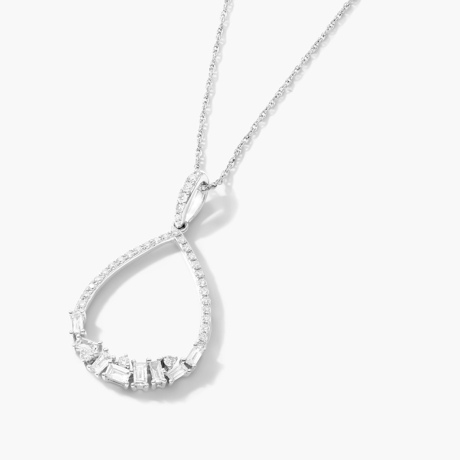 Diamond Cluster Open Drop Necklace With Round And Baguette Cut Diamonds In 14K White Gold