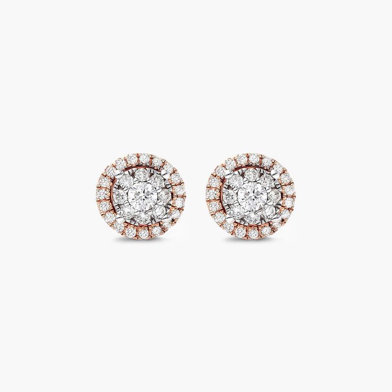 Round Halo Cluster Diamond Stud Earrings In 14K Rose Gold
