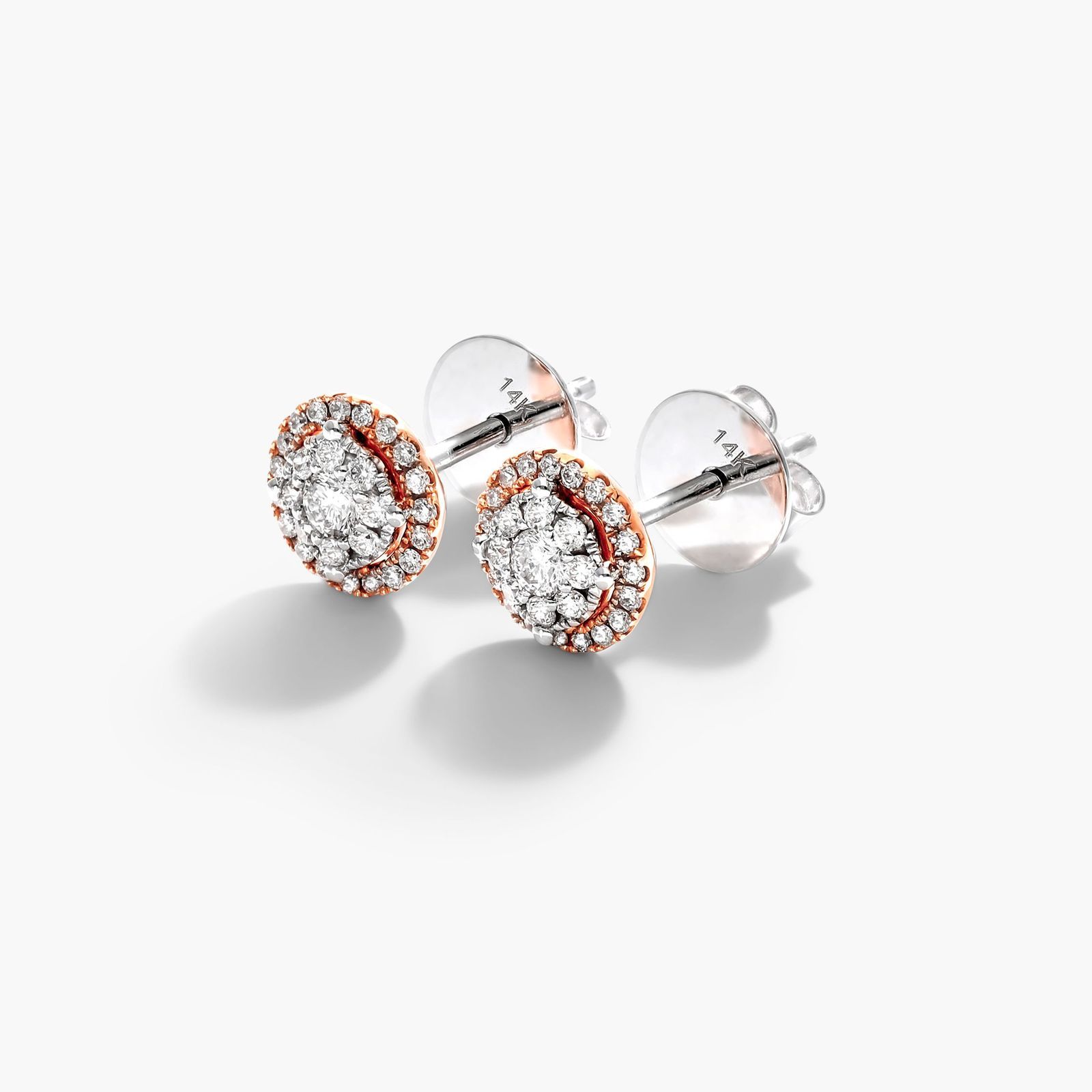 Round Halo Cluster Diamond Stud Earrings In 14K Rose Gold