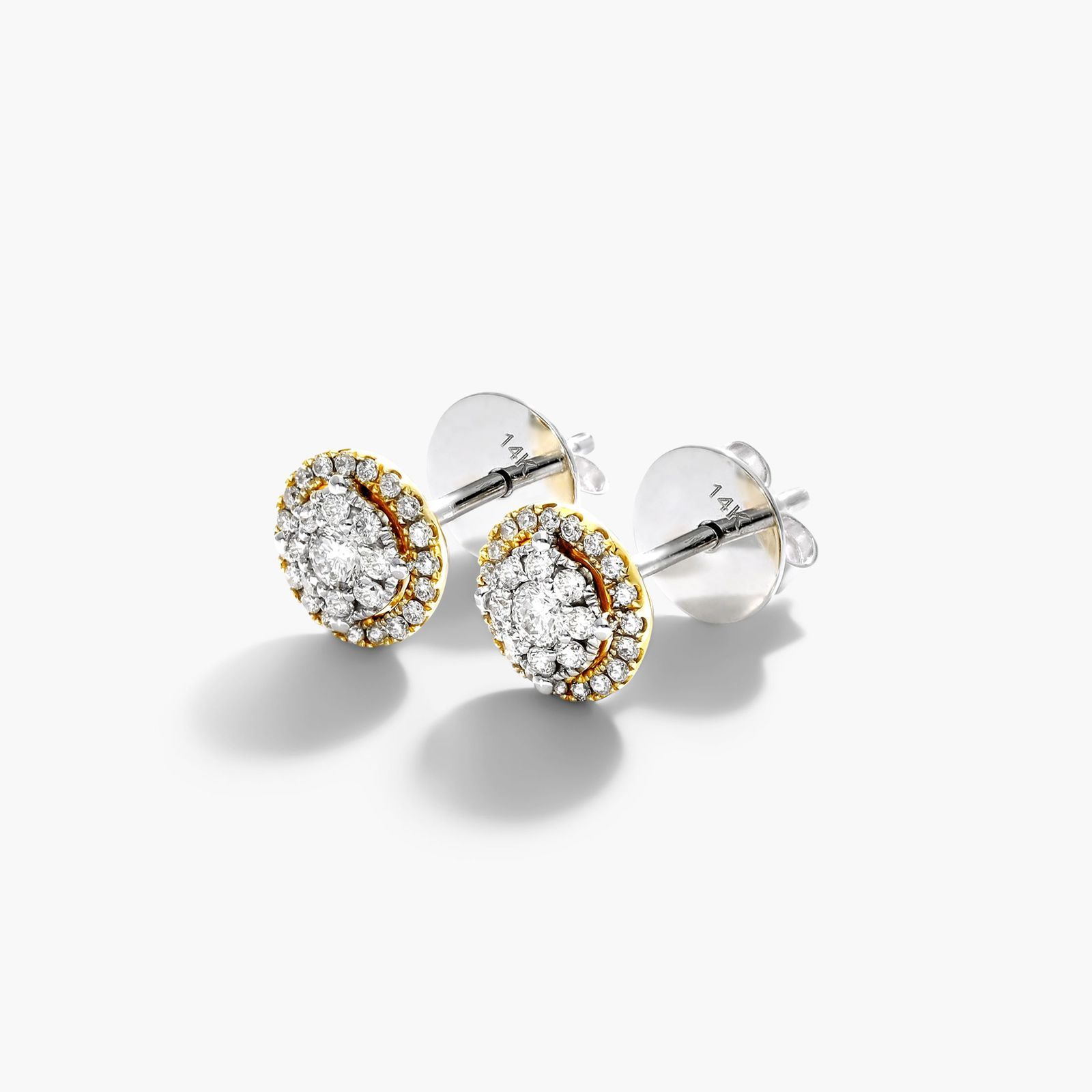 Round Halo Cluster Diamond Stud Earrings 14K Yellow Gold