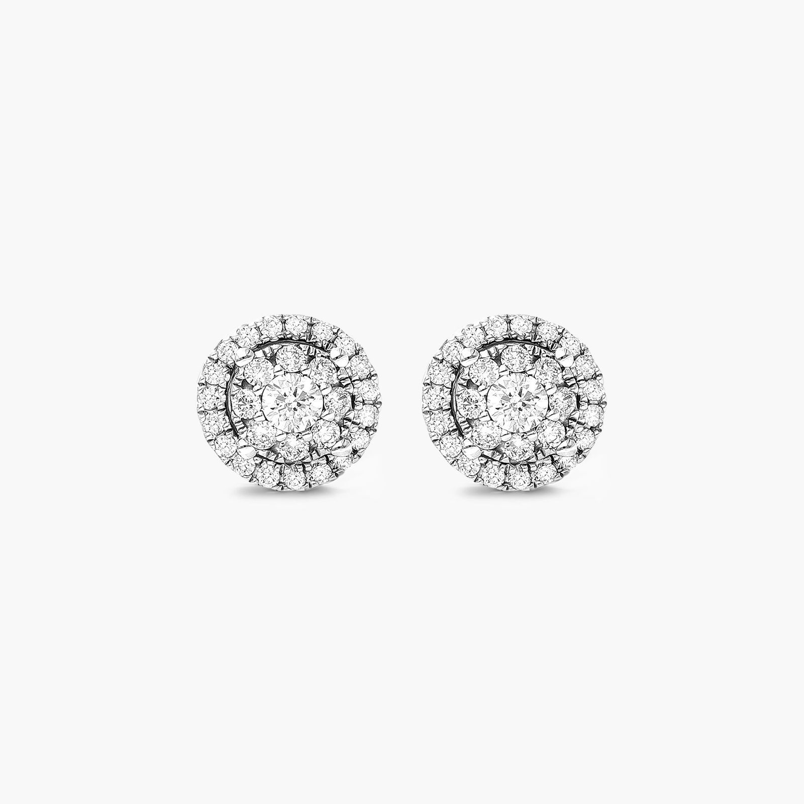 Round Halo Cluster Diamond Stud Earrings In 14K White Gold