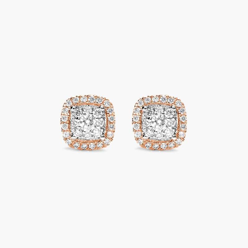 Cushion Halo Cluster Diamond Stud Earrings In 14K Rose Gold