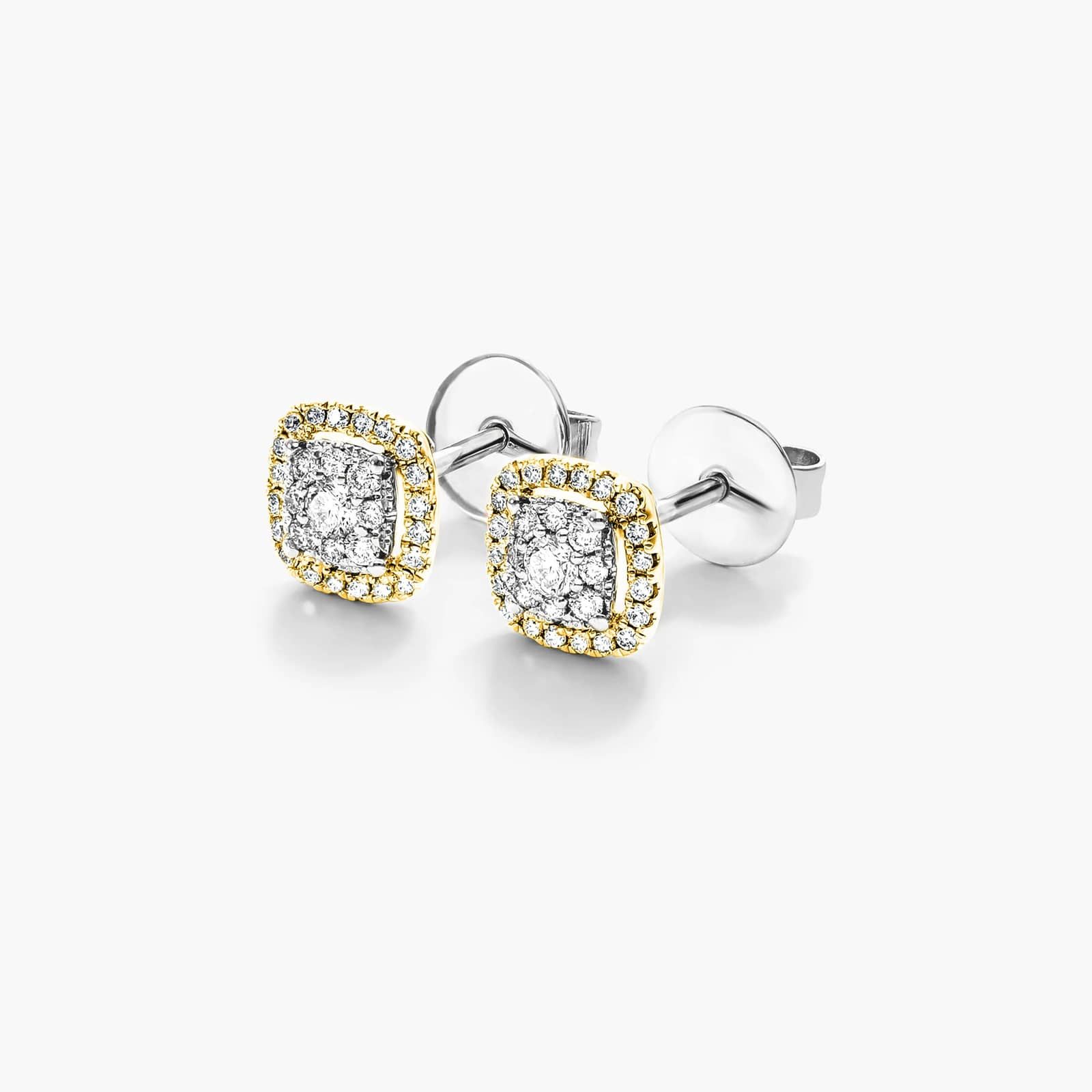 Cushion Halo Cluster Diamond Stud Earrings In 14K Yellow Gold