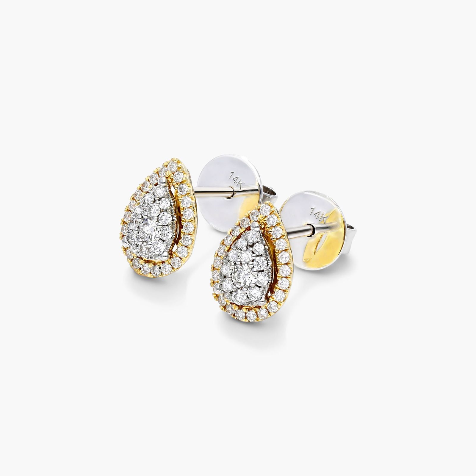Pear Halo Cluster Diamond Stud Earrings In 14K Yellow Gold