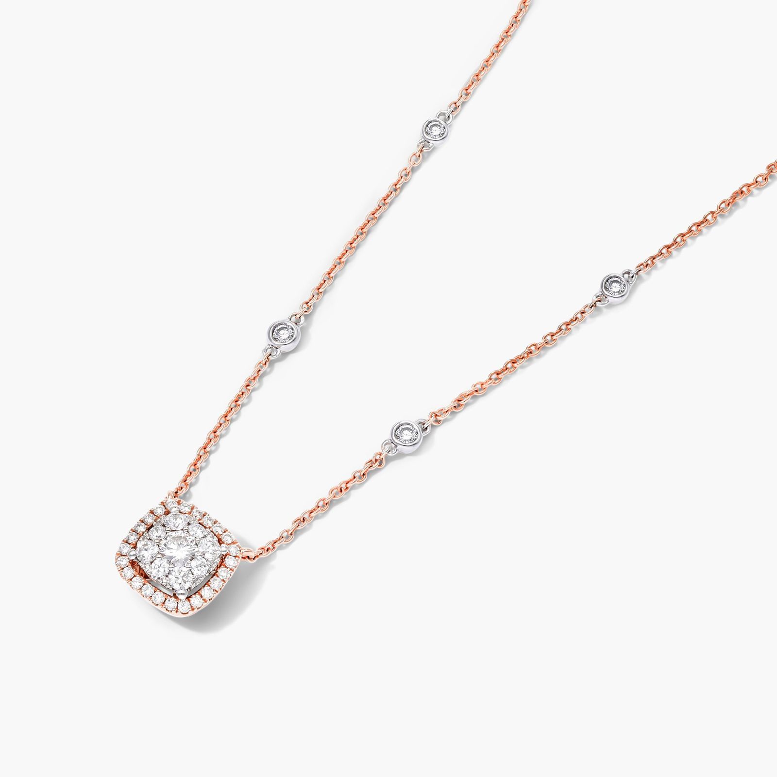Cushion Halo Cluster Diamond Necklace In 14K Rose Gold