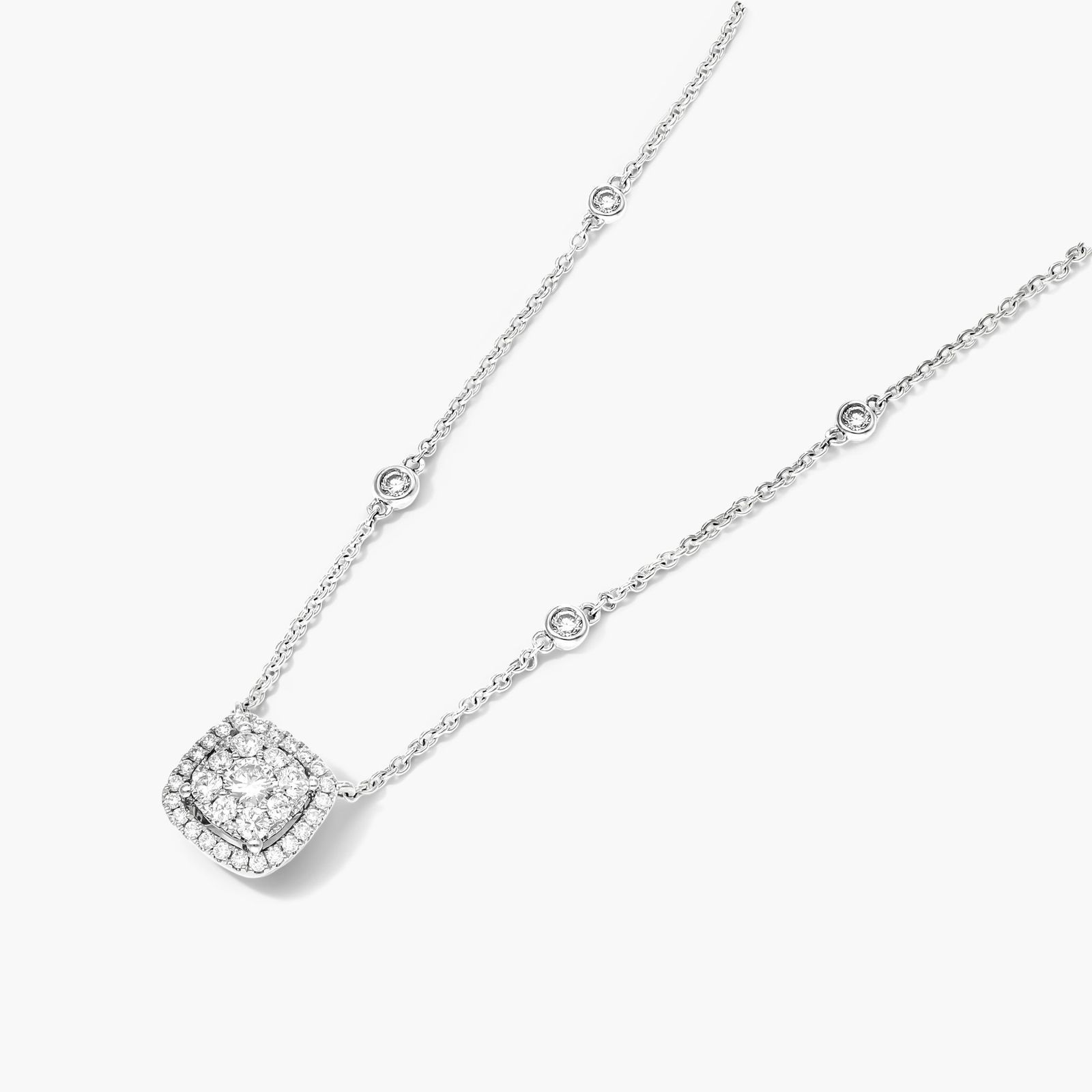 Cushion Halo Cluster Diamond Necklace In 14K White Gold