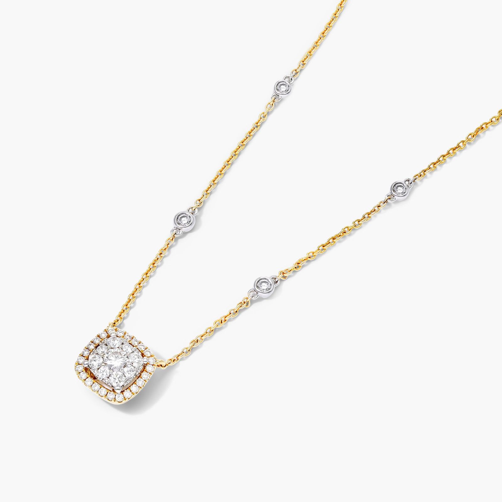 Cushion Halo Cluster Diamond Necklace In 14K Yellow Gold