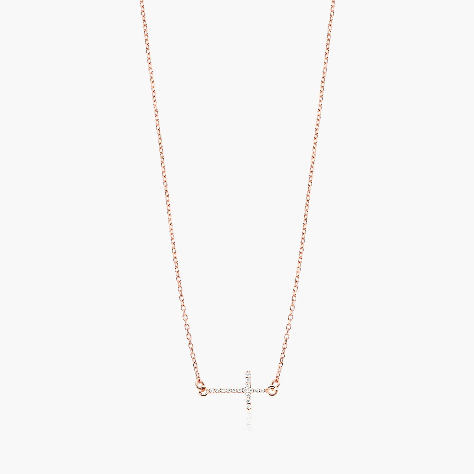 Sideways Cross Diamond Necklace In 14K Rose Gold-81125r14