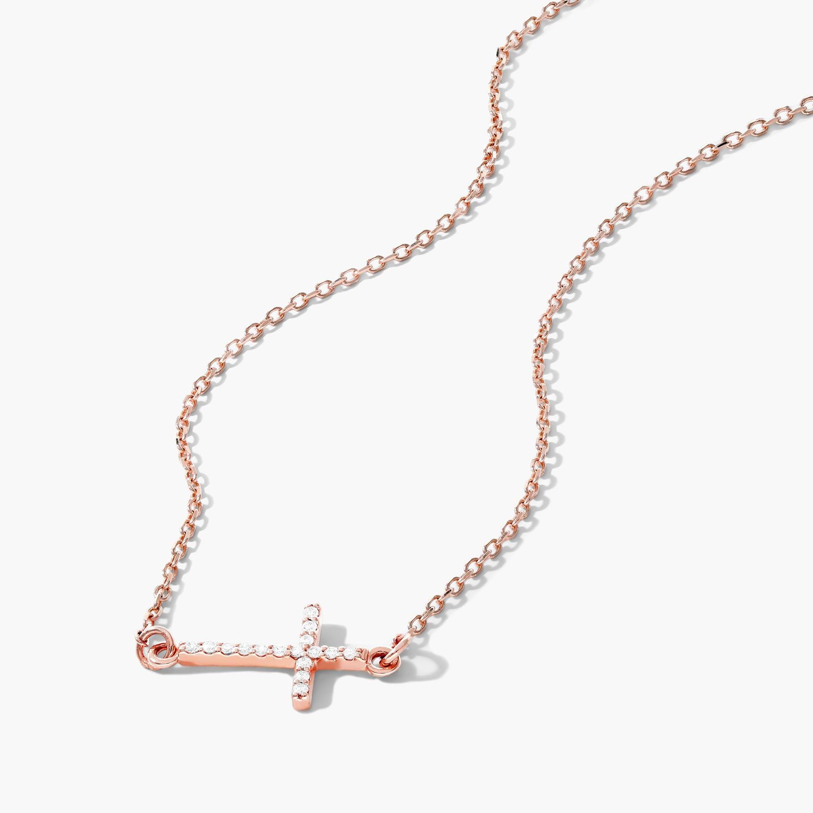 Sideways Cross Diamond Necklace In 14K Rose Gold