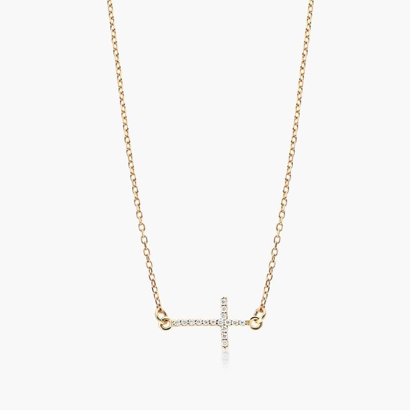 Sideways Cross Diamond Necklace In 14K Yellow Gold