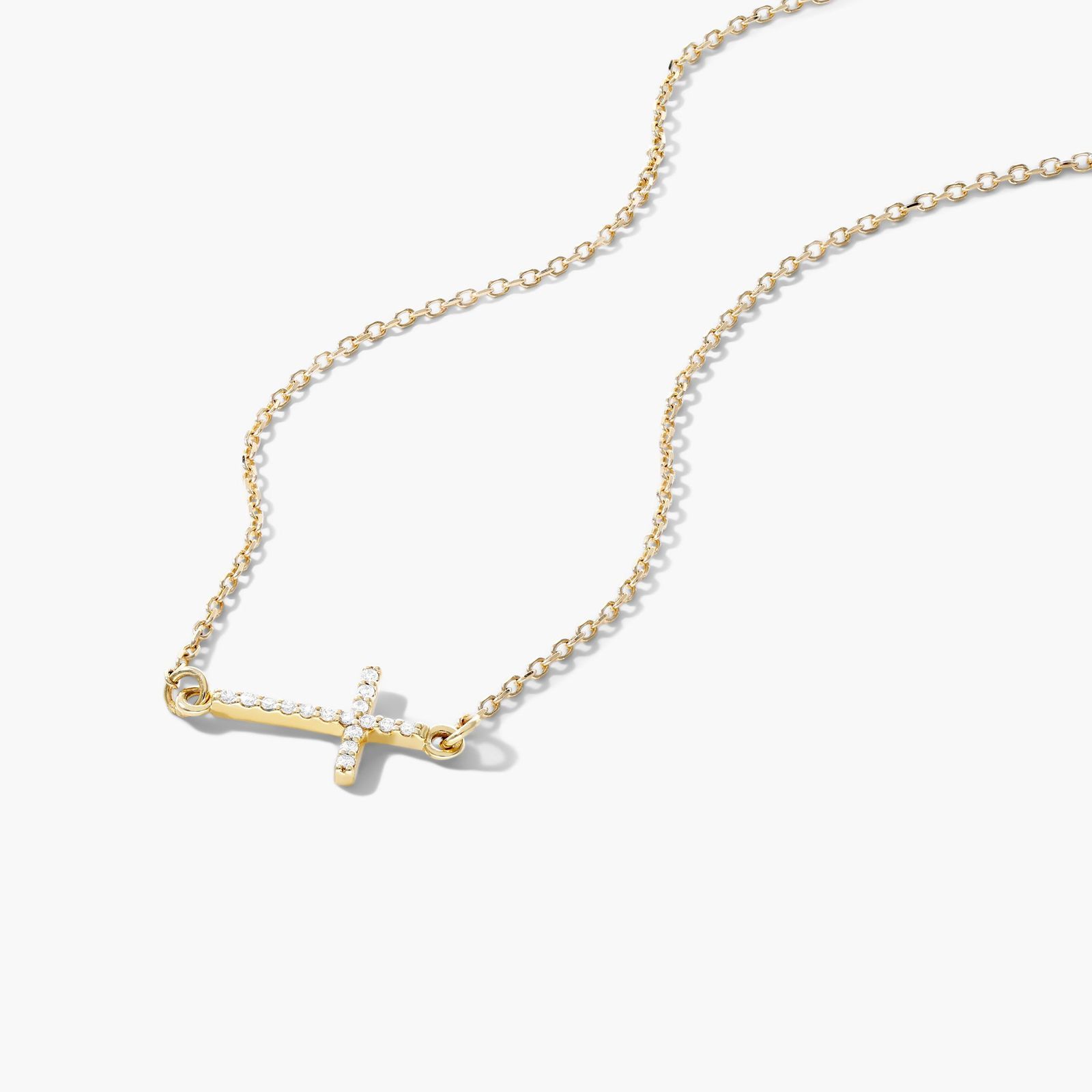 Sideways Cross Diamond Necklace In 14K Yellow Gold