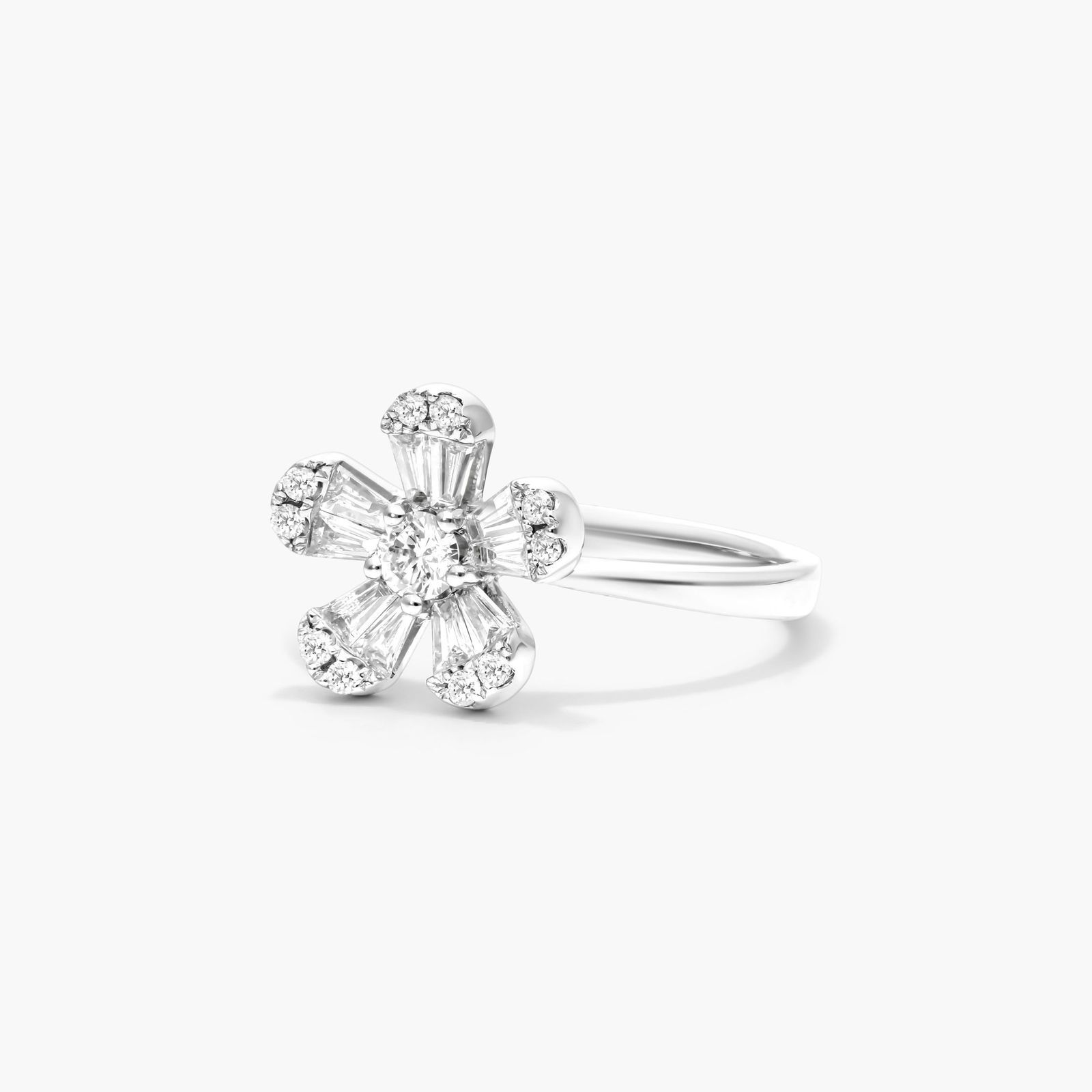 Baguette And Round Diamond Flower Ring In 14K White Gold