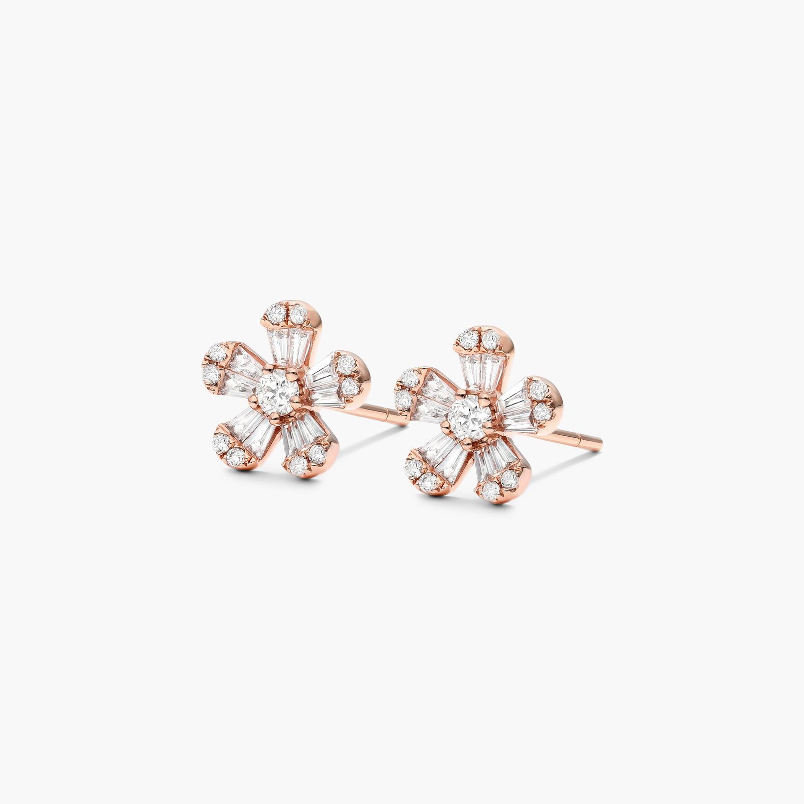Flower Diamond Earrings With Baguette Cut And Round Diamonds In 14K Rose Gold