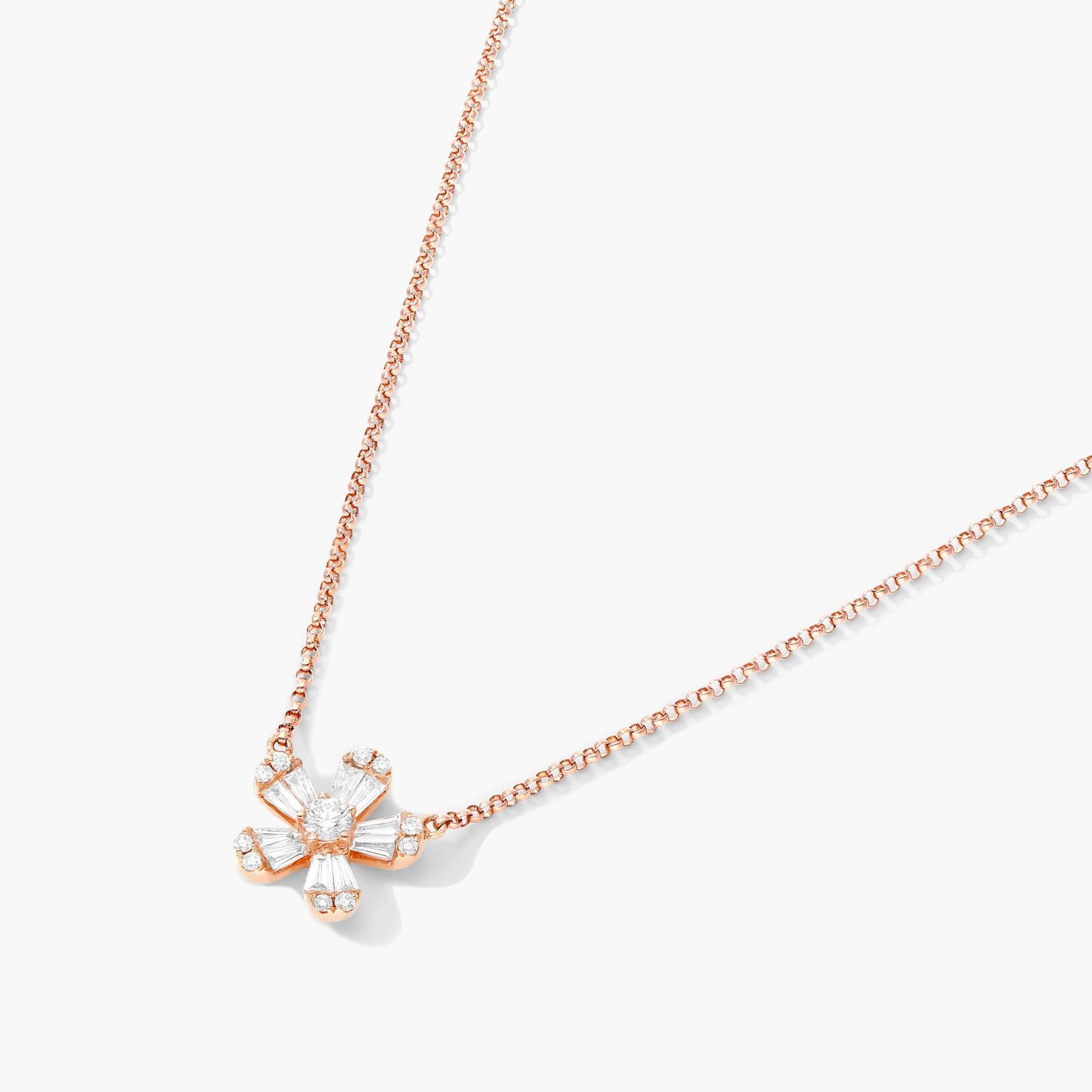 Diamond Flower Necklace With Baguette And Round Diamonds In 14K Rose Gold