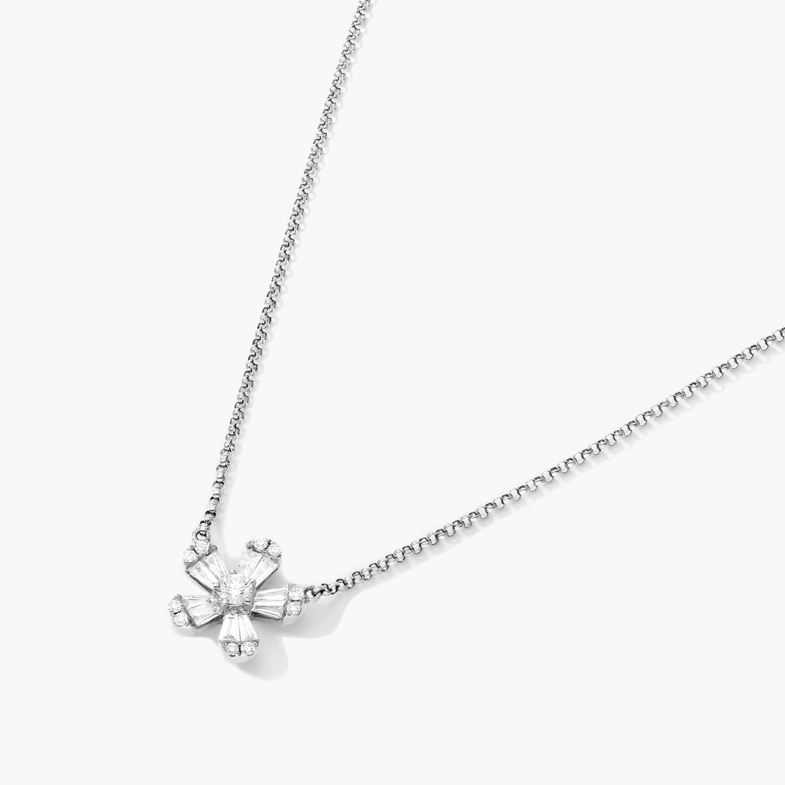 Diamond Flower Necklace With Baguette And Round Diamonds In 14K White Gold