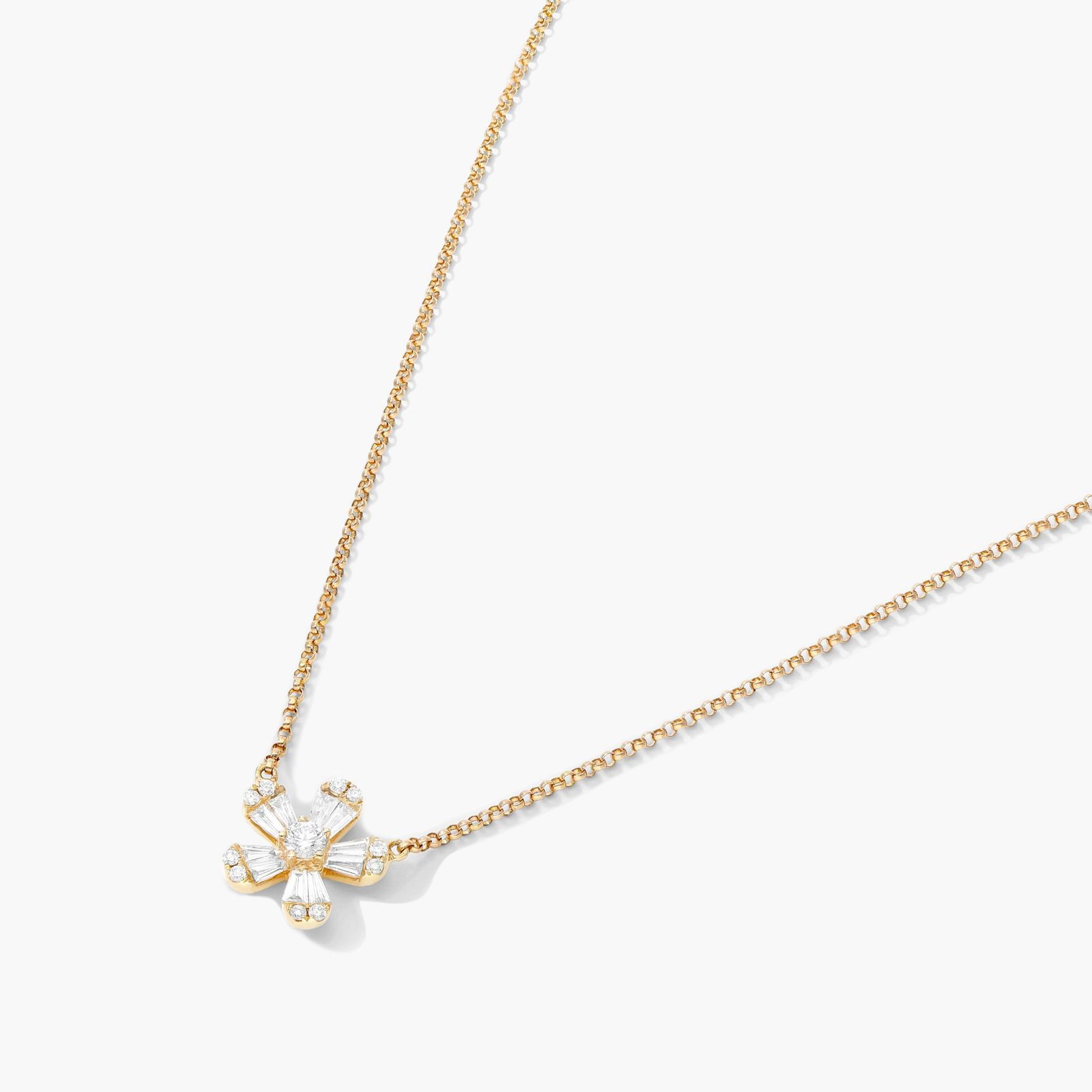 Diamond Flower Necklace With Baguette And Round Diamonds In 14K Yellow Gold