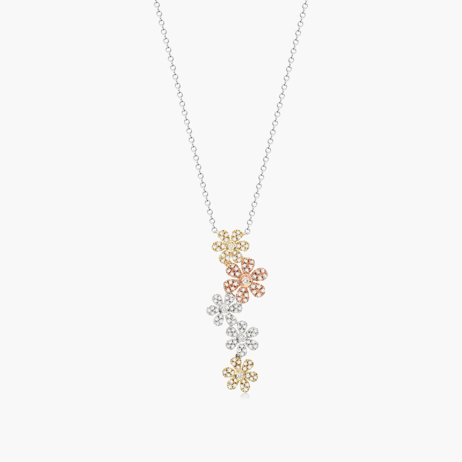 14K White, Yellow and Rose Gold Cascading Diamond Flower Necklace