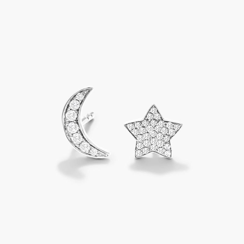 Star And Moon Diamond Earrings In 14K White Gold