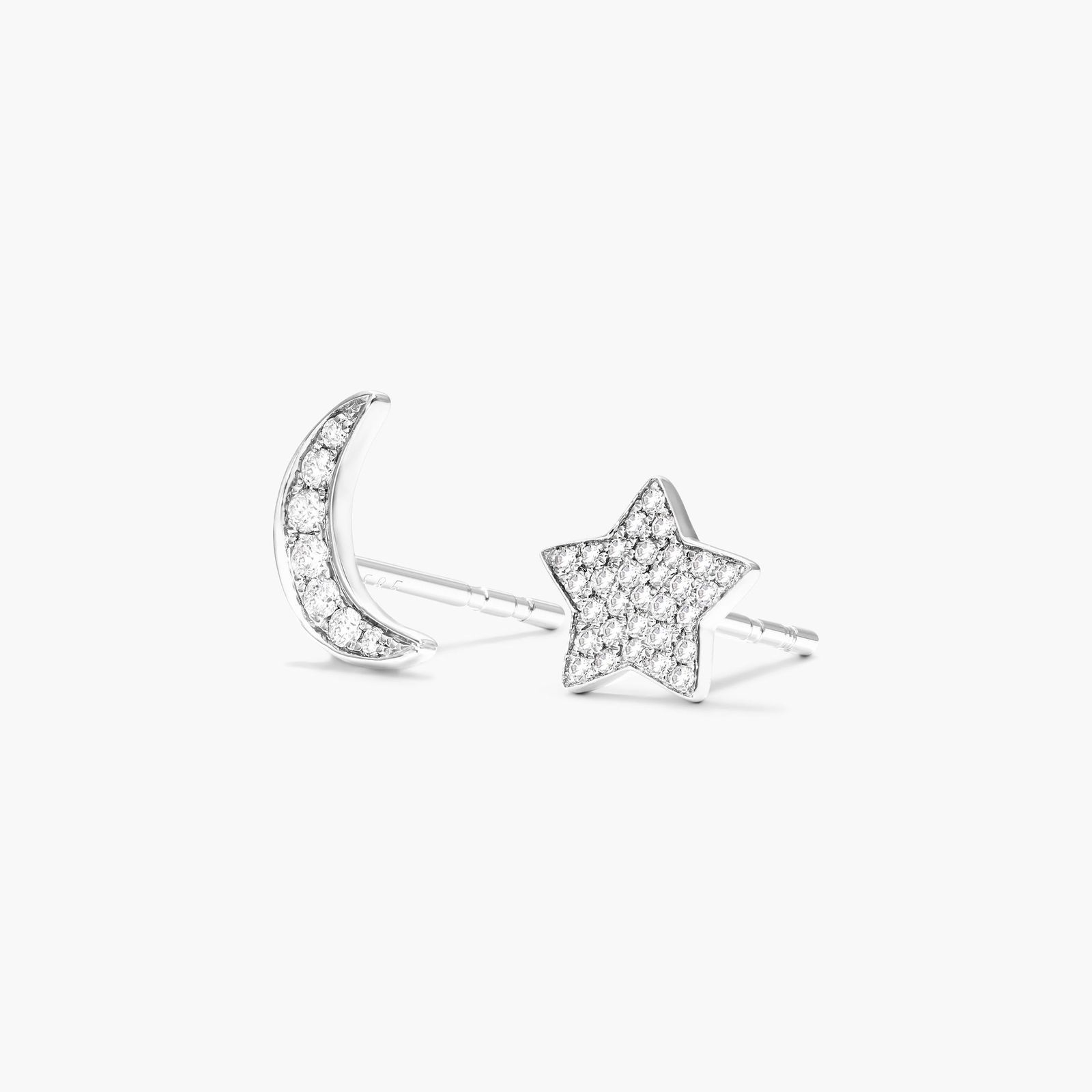 Star And Moon Diamond Earrings In 14K White Gold