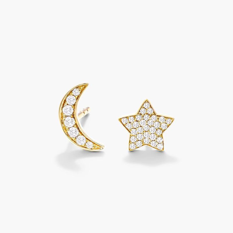 Star And Moon Diamond Earrings In 14K Yellow Gold