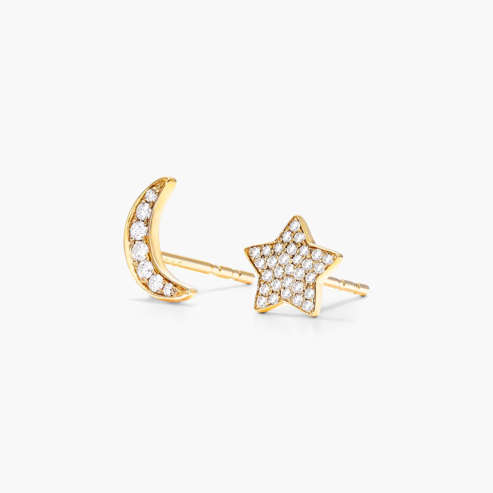 Star And Moon Diamond Earrings In 14K Yellow Gold