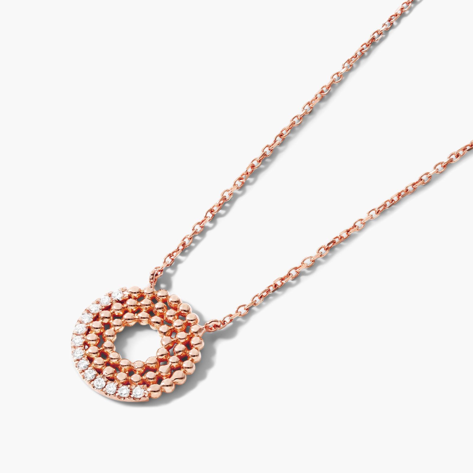 18K Rose Gold Dots Asymmetrical Open Circle Diamond Necklace