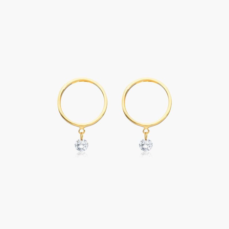 Open Circle Single Diamond Earrings In 14K Yellow Gold By Brevani