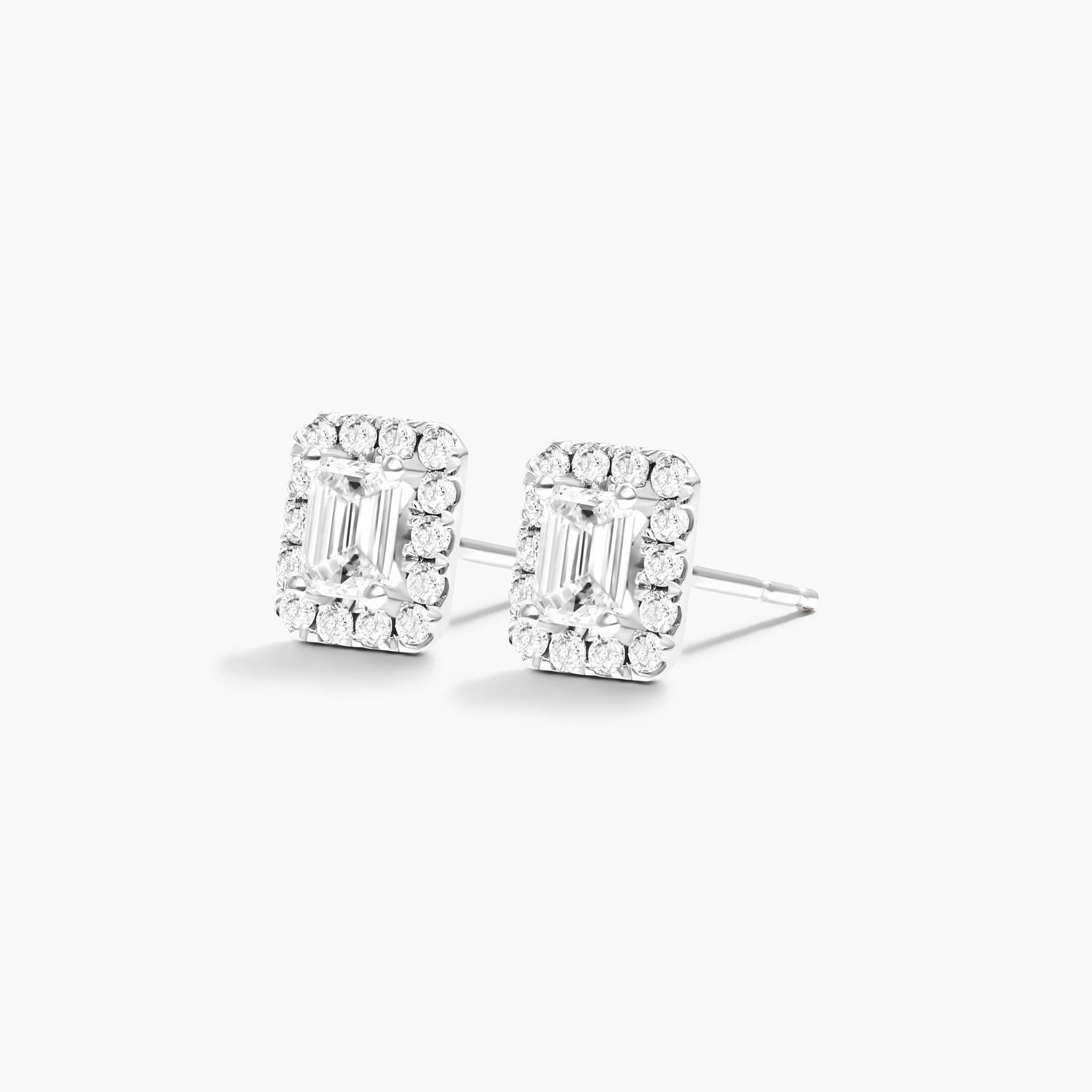 Halo Emerald Cut Diamond Stud Earrings In 18K White Gold