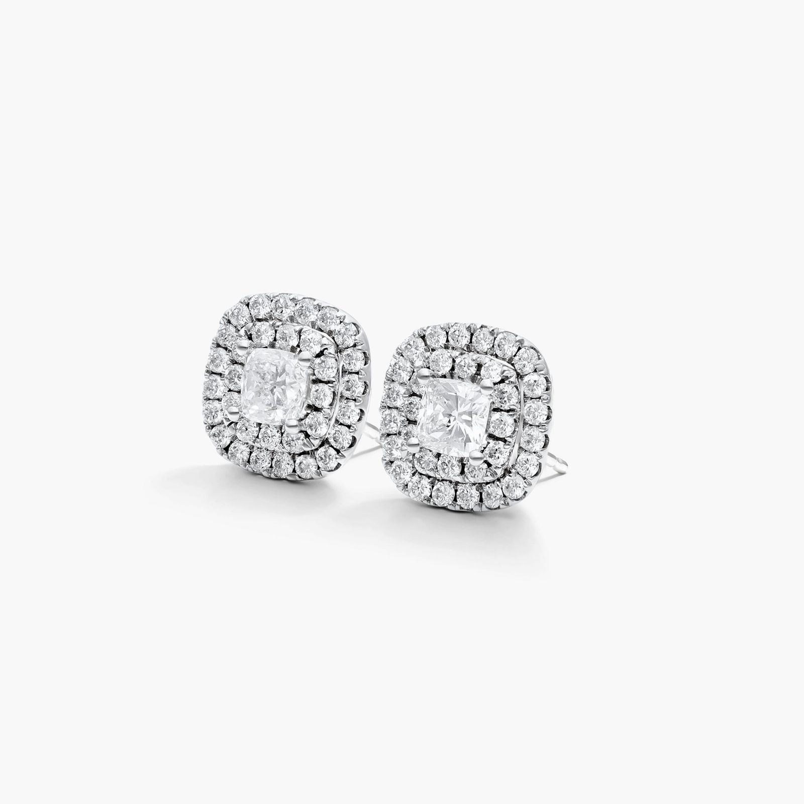 Double Halo Diamond Earrings With Cushion Cut Diamonds In 18K White Gold