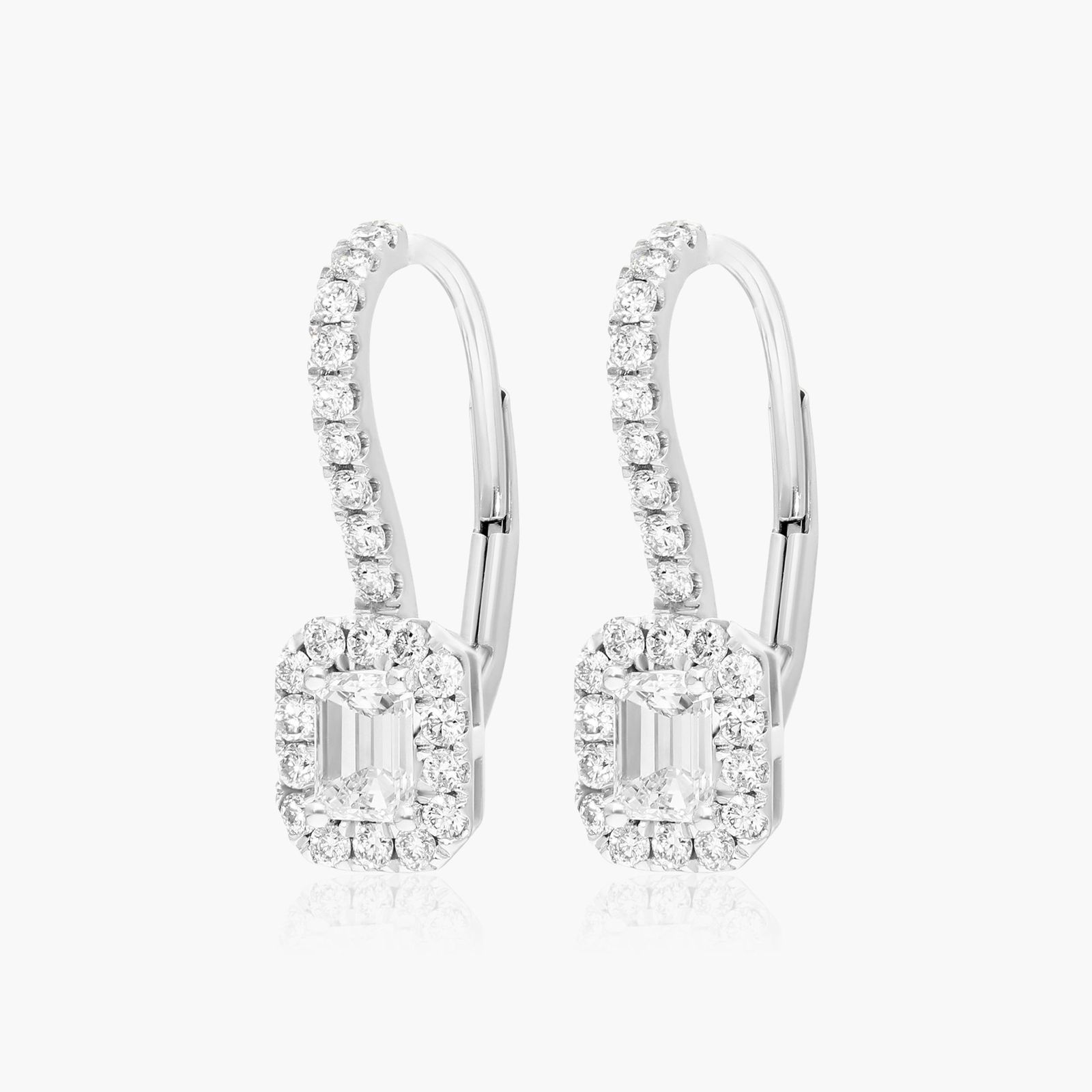 Diamond Halo Leverback Earrings With Emerald Cut Diamonds In 18K White Gold