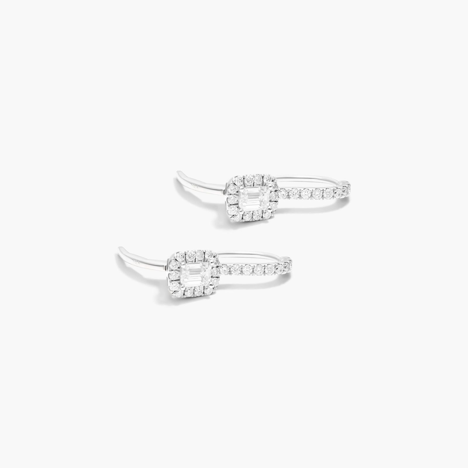 Diamond Halo Leverback Earrings With Emerald Cut Diamonds In 18K White Gold