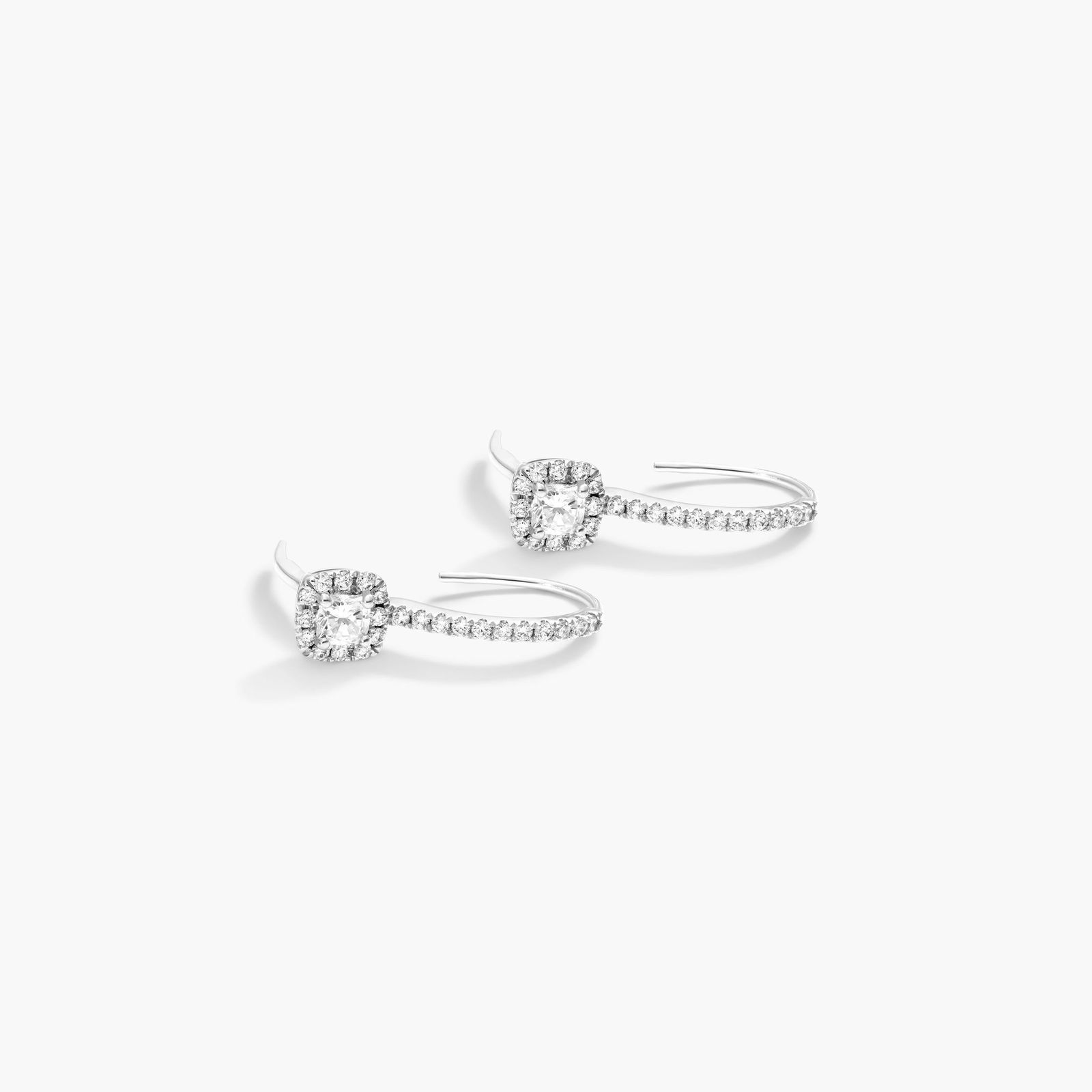 Diamond Halo Leverback Earrings With Cushion Cut Diamonds In 18K White Gold