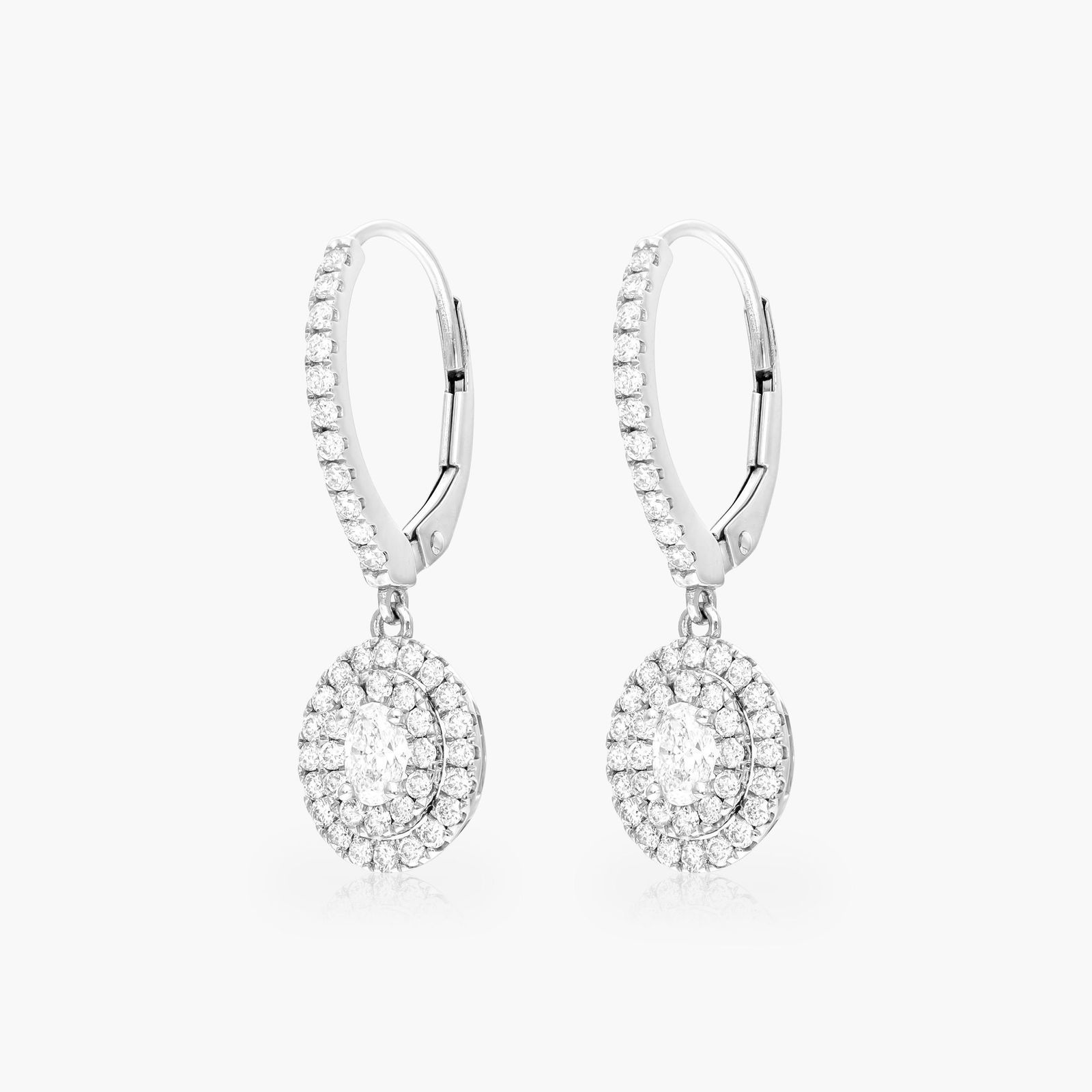 Double Halo Diamond Earrings With Oval Cut Diamonds In 18K White Gold