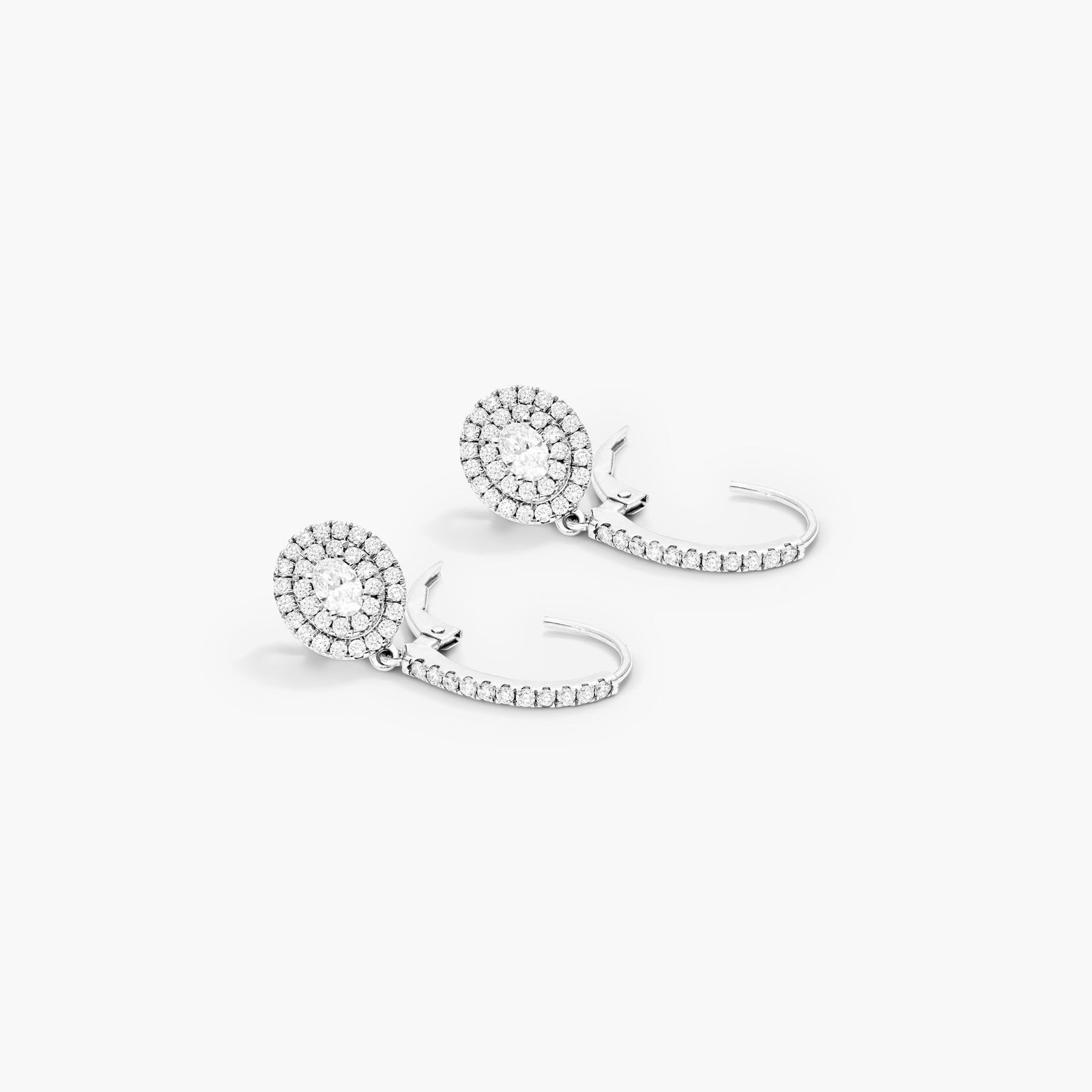 Double Halo Diamond Earrings With Oval Cut Diamonds In 18K White Gold