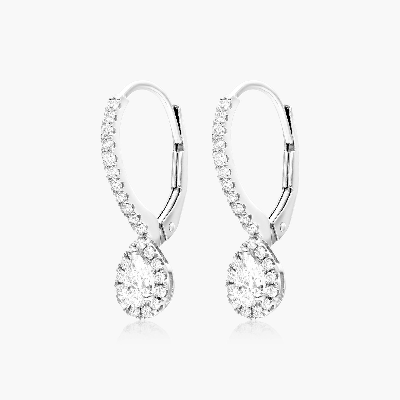 Diamond Halo Leverback Earrings With Pear Shape Diamonds In 18K White Gold