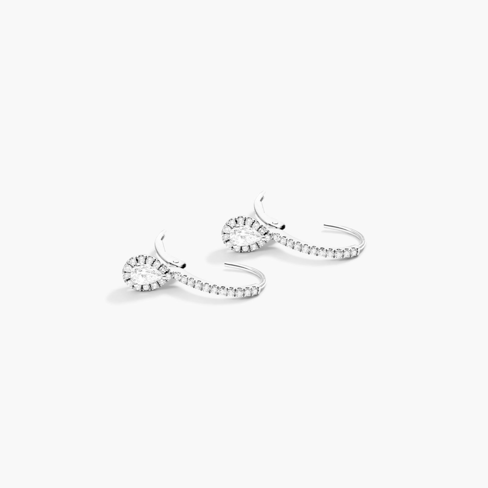 Diamond Halo Leverback Earrings With Pear Shape Diamonds In 18K White Gold
