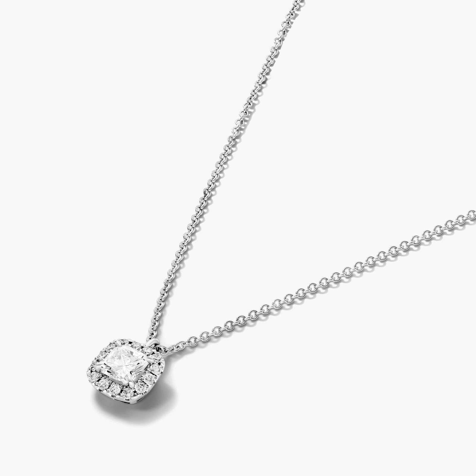 Halo Cushion Cut Diamond Necklace In 18K White Gold