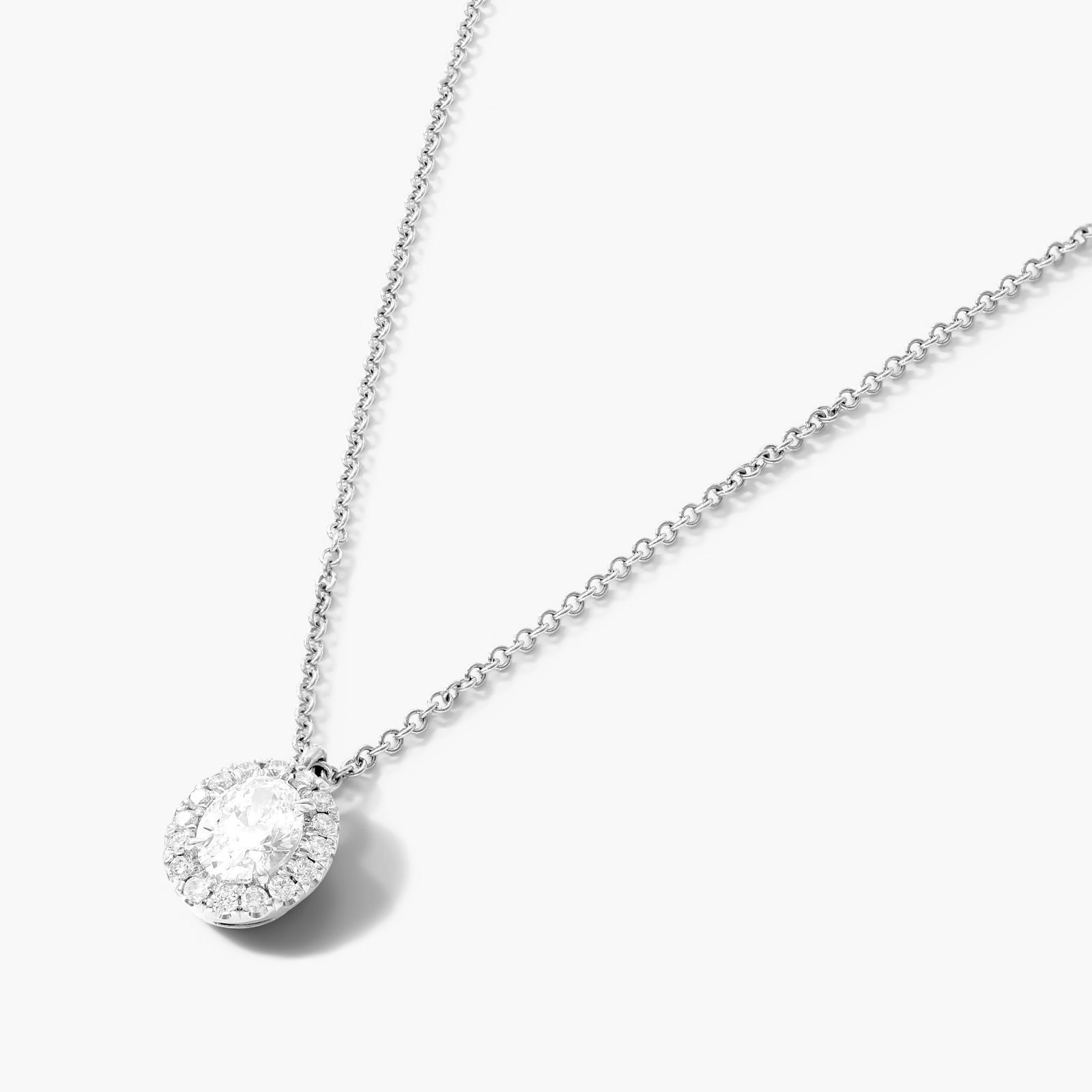 Halo Oval Cut Diamond Necklace In 18K White Gold