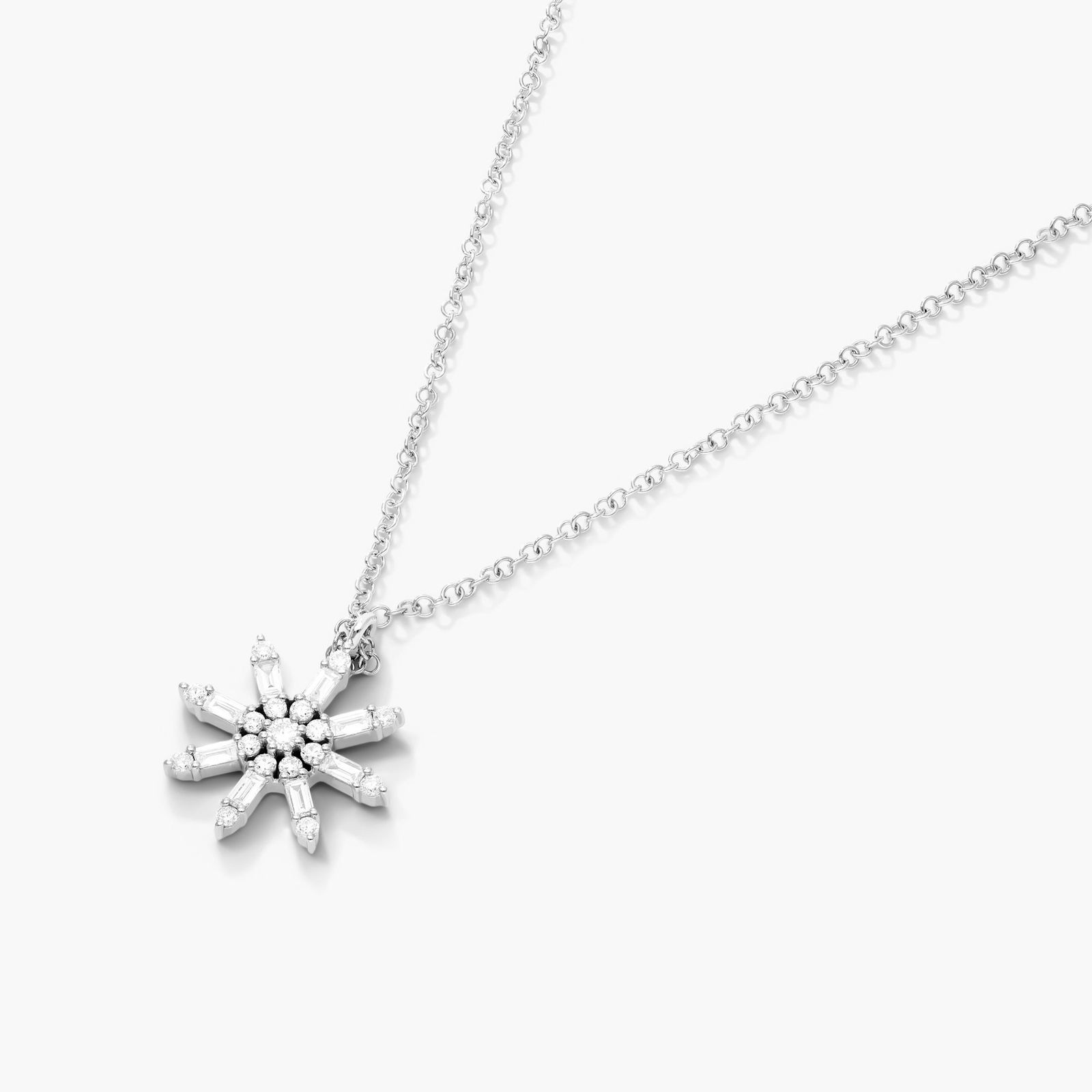 Sunburst Diamond Necklace With Baguette And Round Diamonds In 14K White Gold
