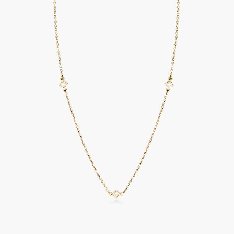 Diamond Station Necklace With Princess Cut Diamonds In 14K Yellow Gold