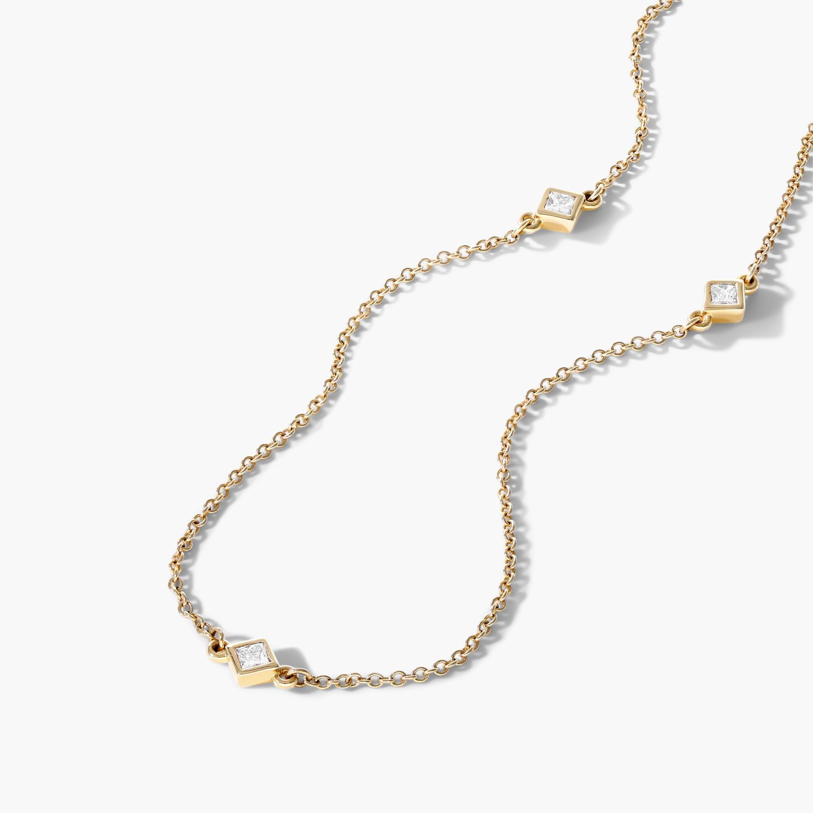 Diamond Station Necklace With Princess Cut Diamonds In 14K Yellow Gold