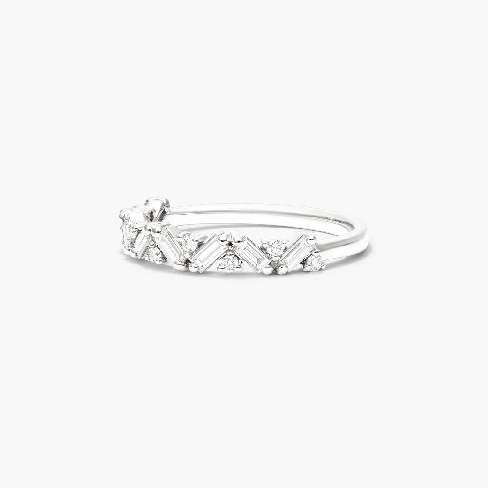 Zig Zag Baguette And Round Diamond Ring In 14K White Gold