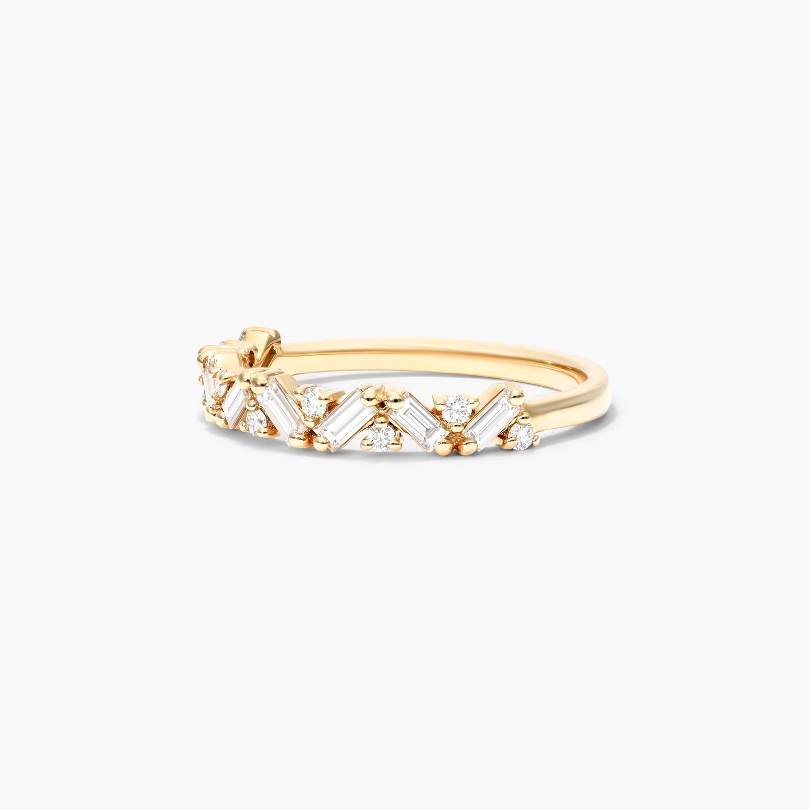 Zig Zag Baguette And Round Diamond Ring In 14K Yellow Gold